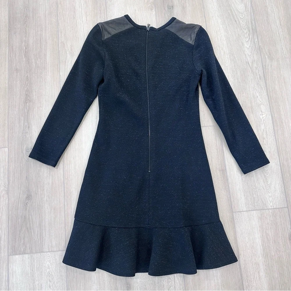 Sandro long sleeve metallic ruffle dress blue black size 1 US small